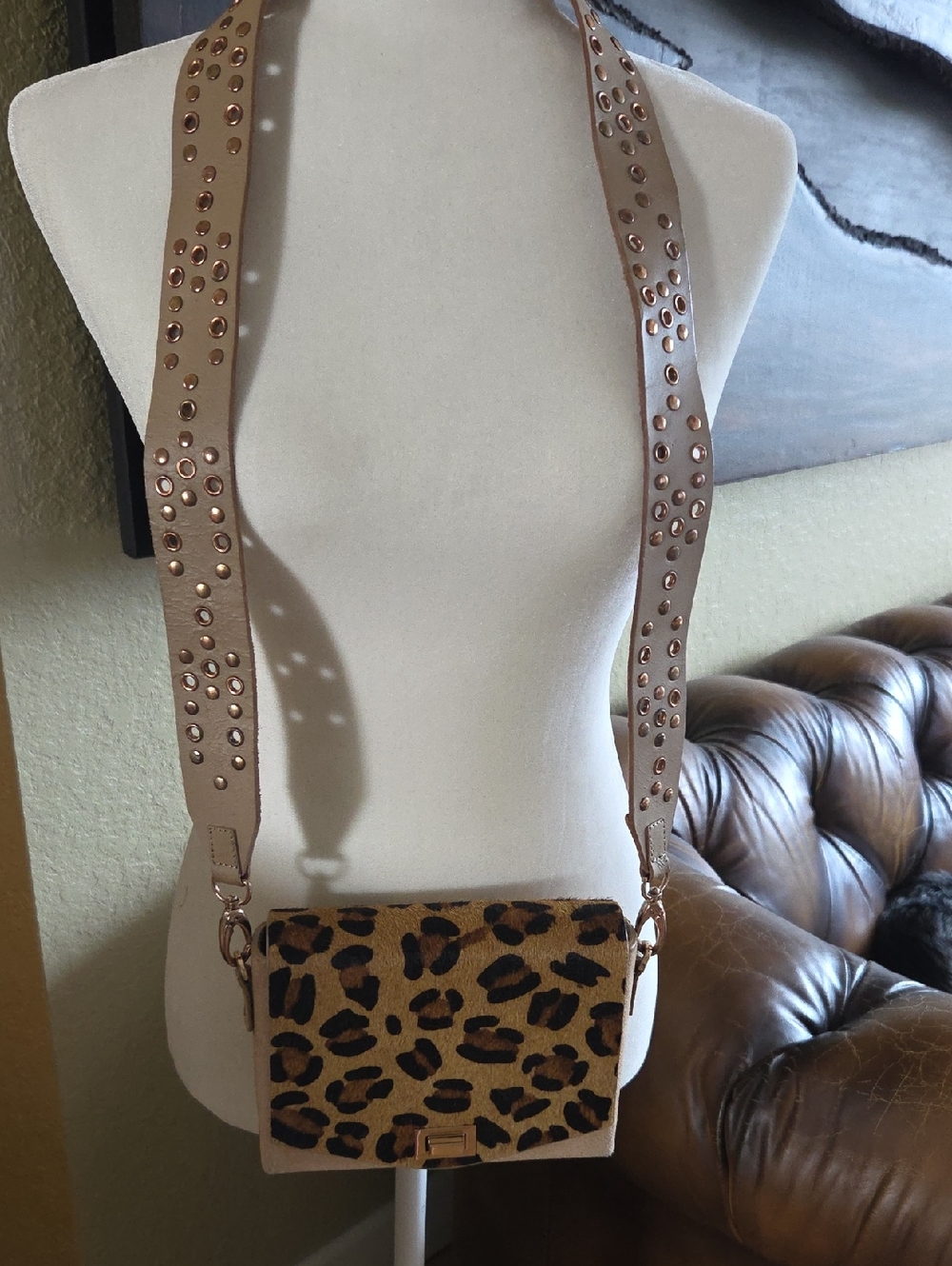 Free People Leopard-Print Crossbody in Tan and Black with Studded Strap